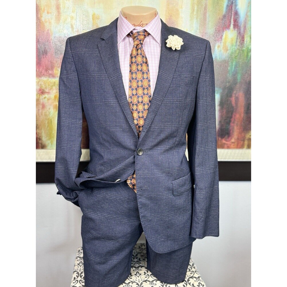 Hugo Boss Mens Blue Plaid 2 Piece Suit 38R Pants 34/32 $1239